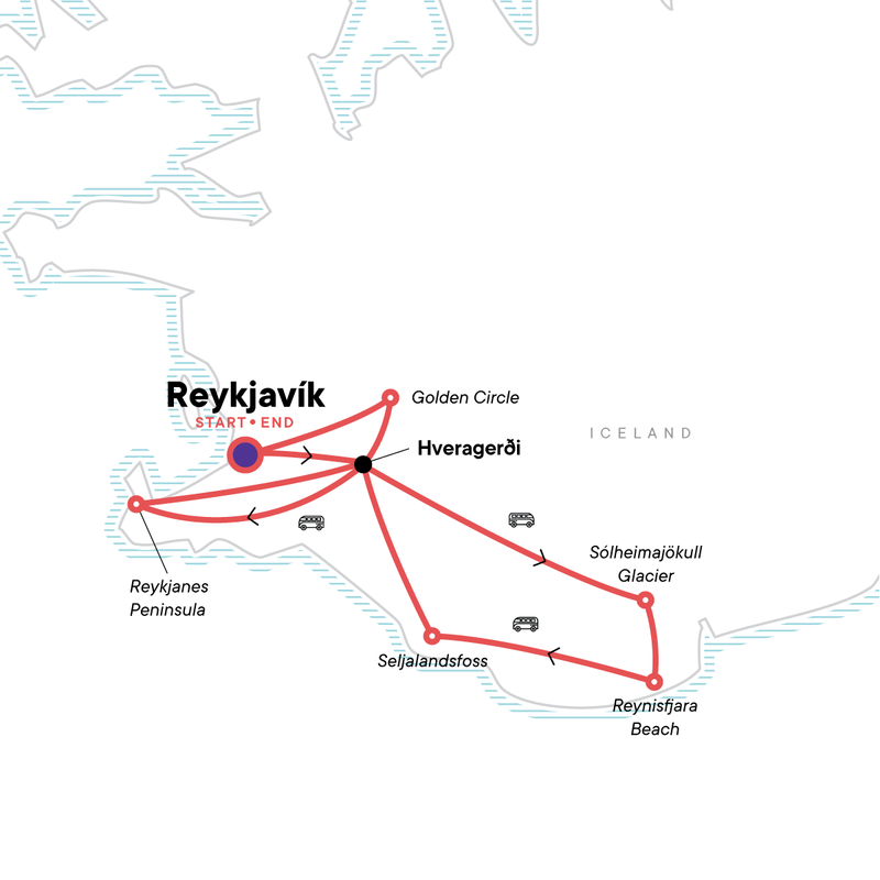 Map of the route for Wellness Iceland